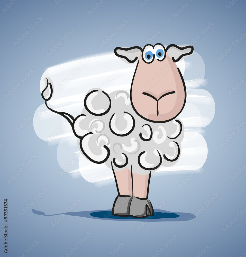 Children colored cartoon illustration, curly lamb with blue eyes