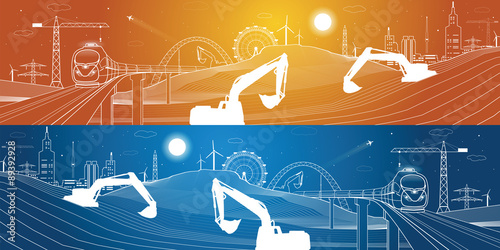 Train goes on the bridge through the mountains, city background, excavators