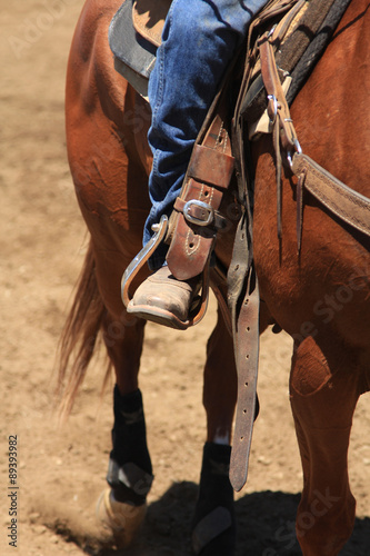 A close up of a cowboy, horse, boot, and stirrup.