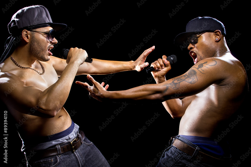Hip hop subculture battle between two rappers with microphones Stock ...