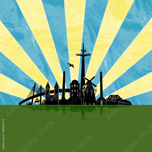 Bremer Sommer City Skyline Silhouette Schernschnitt Sonnenstrahlen Stadtmusikanten