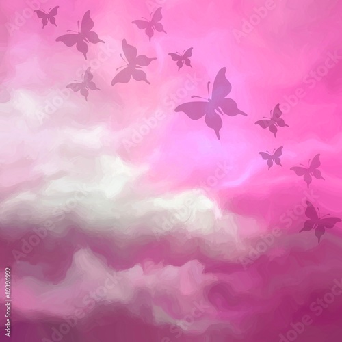 Beautiful pink sky drawing with butterflies