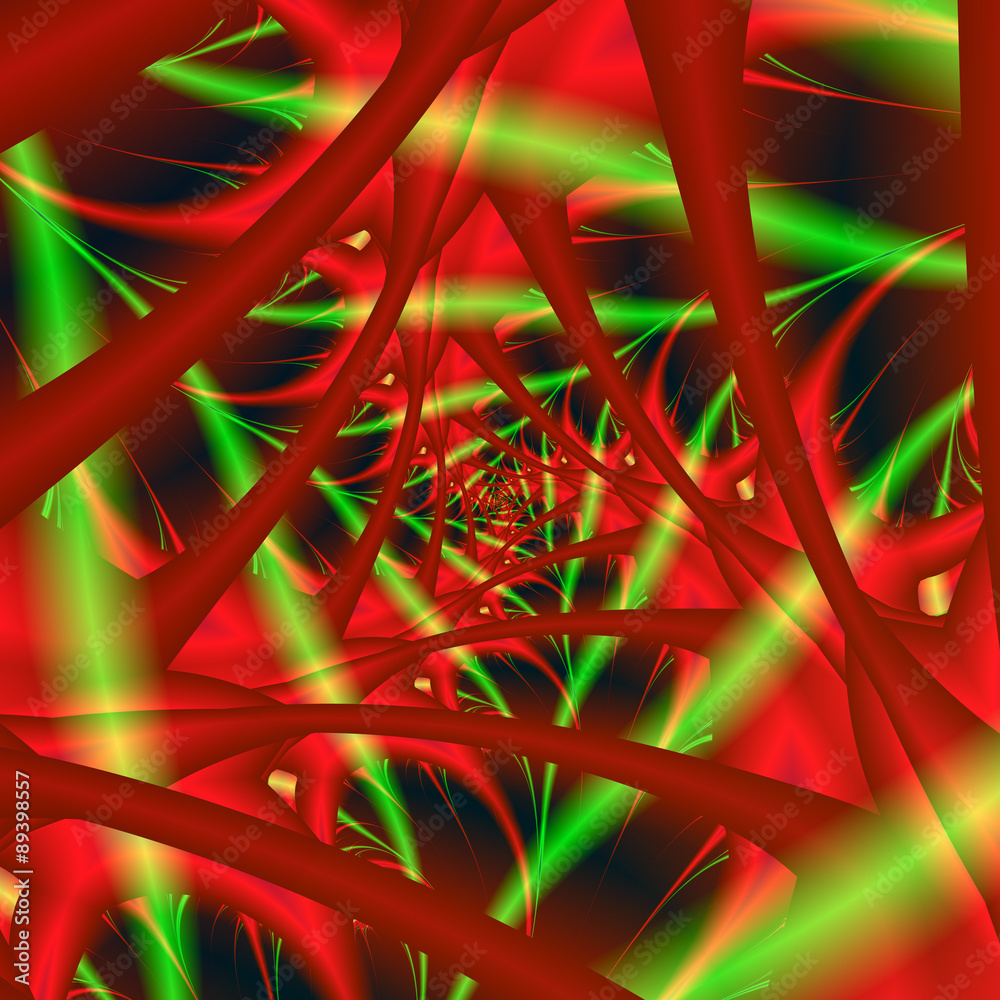 Fototapeta premium Red and Green Neural Network Spiral / An abstract fractal image with a fibrous spiral design in neon colored lights of red, green and yellow.