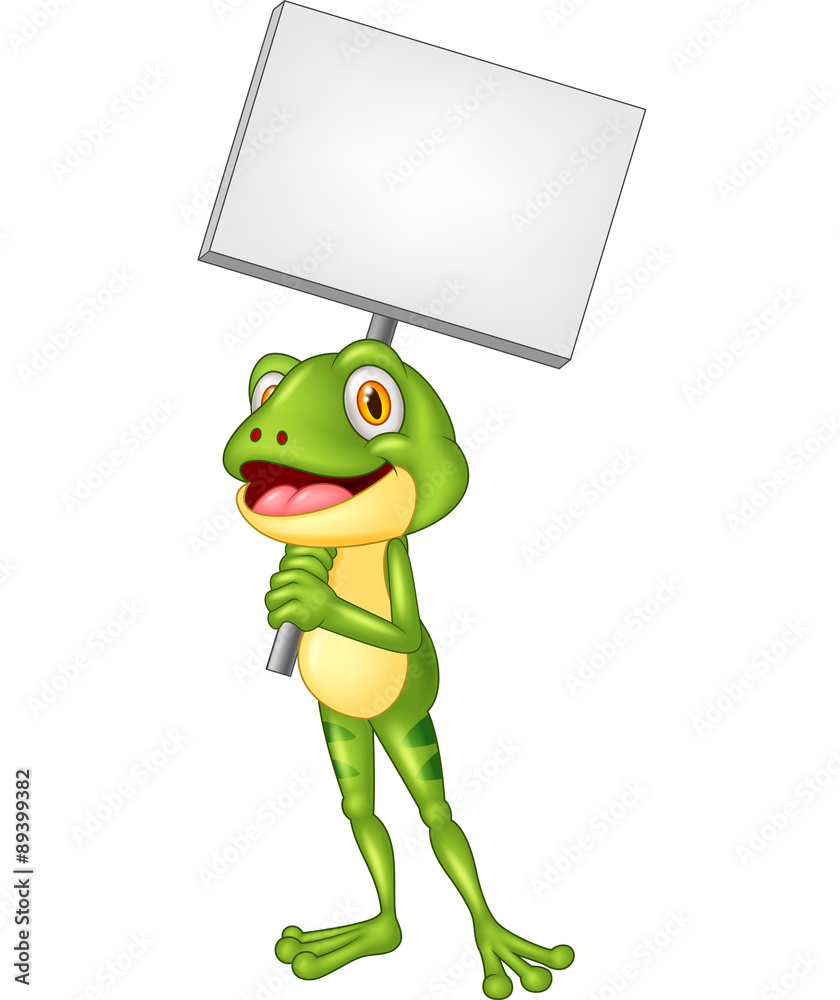 Fototapeta premium Cartoon adorable frog holding blank sign 
