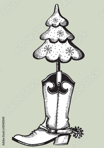 Cowboy boot with christmas tree.Black graphic