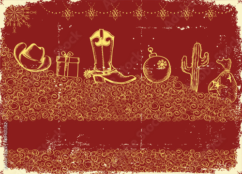Vintage cowboy christmas background with holiday elements and de
