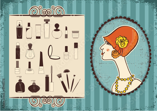 Vintage woman face in fashion hat and cosmetics background
