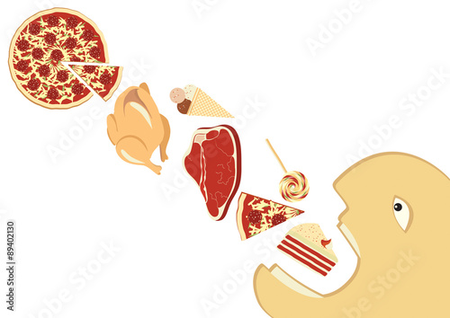 Hungry man eating a lot of food on white background