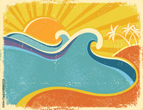 Sea waves poster with palms. Vintage illustration of sea landsca