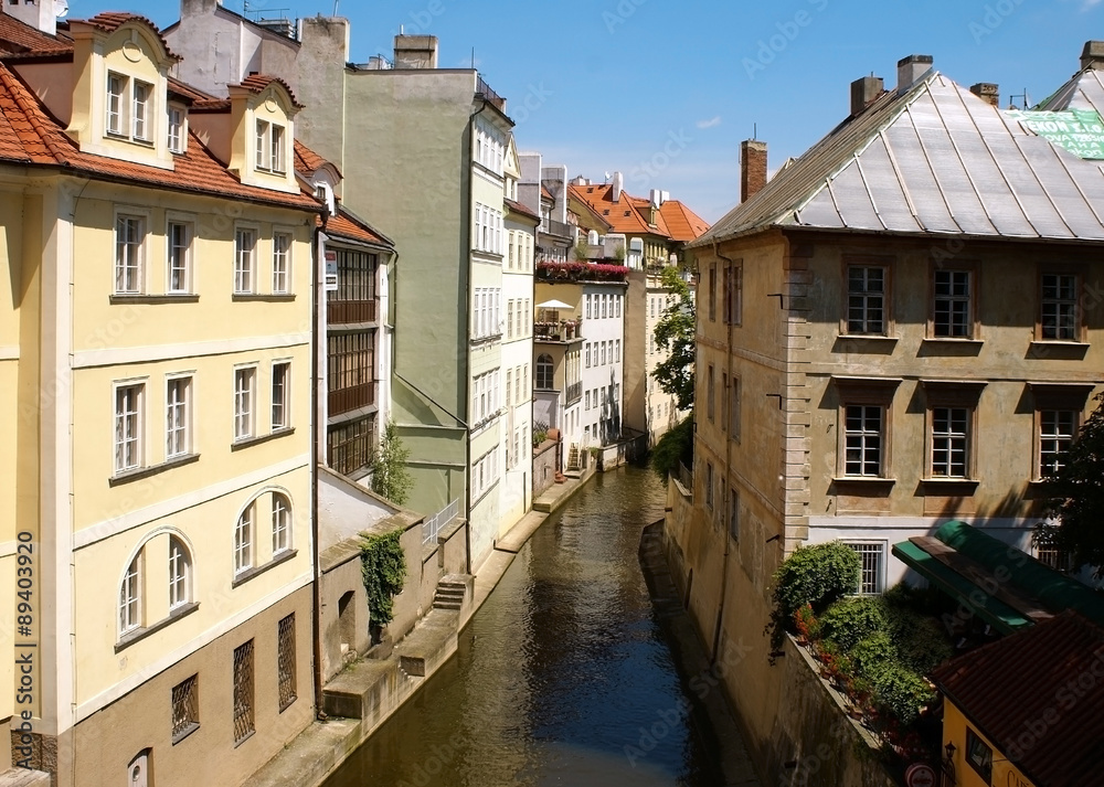 Summer view of the river Certovka in the old part of Prague