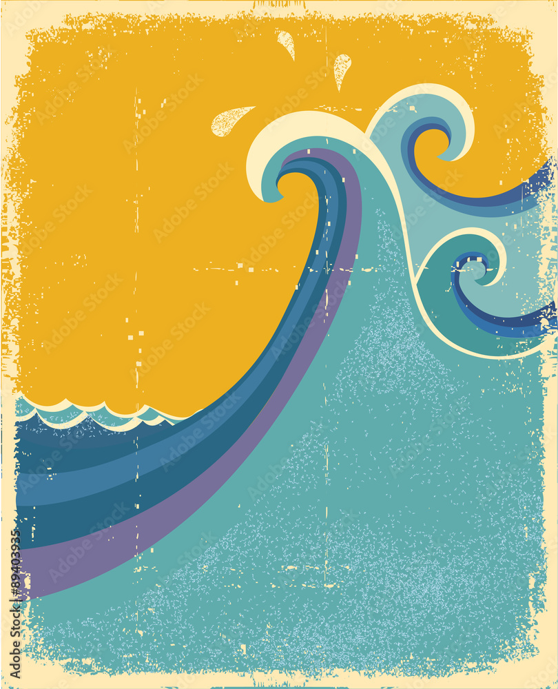 Naklejka premium Sea waves poster. Vintage symbol of blue sea waves