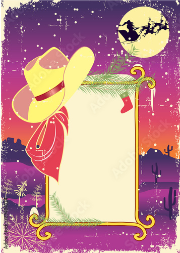 Billboard frame with cowboy hat.Retro christmas background for t