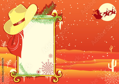 Billboard frame with cowboy hat.Vector christmasn background for