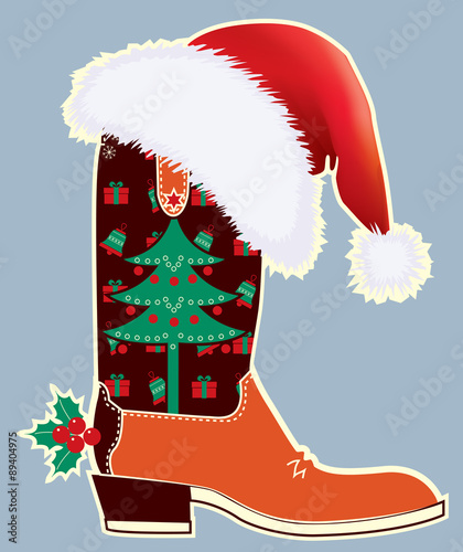 Cowboy christmas card with boot and Santa's red hat