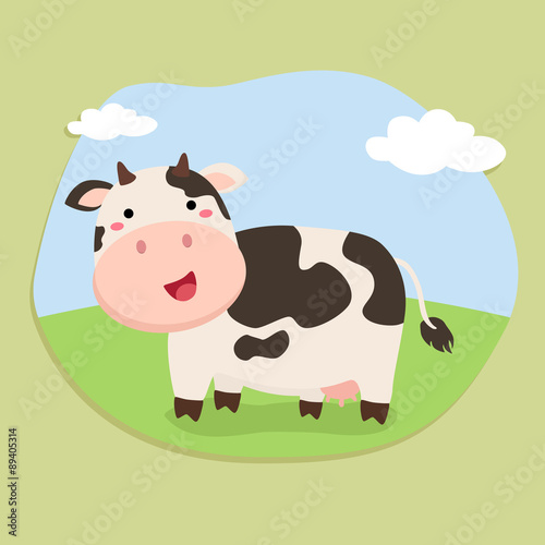 Cute Cow Cartoon Standing on Field Background