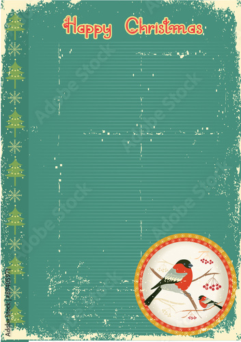 bullfinches in winter.Vintage christmas card