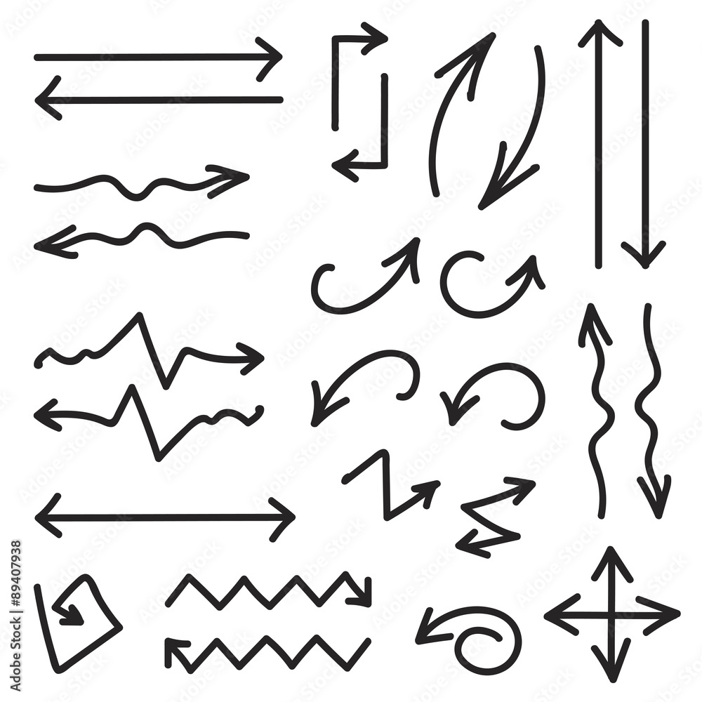 Black set of 26 hand drawn arrows