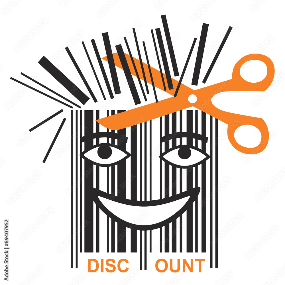 Funny BAR code discount.
Scissors shortening bar code mascot, symbol price discounts. Vector available.

