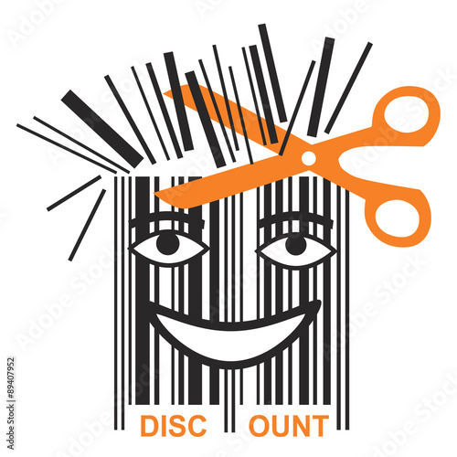 Funny BAR code discount.
Scissors shortening bar code mascot, symbol price discounts. Vector available.
