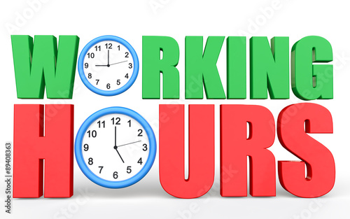 3d Working hours text with clocks depicting 9 to 5 job