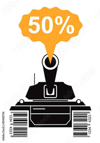 Price War Battle Tank.
Black silhouette of battle tank with a bar code instead of tracks, shooting fifty percent discount. Concept for market and price war. Vector illustration.

