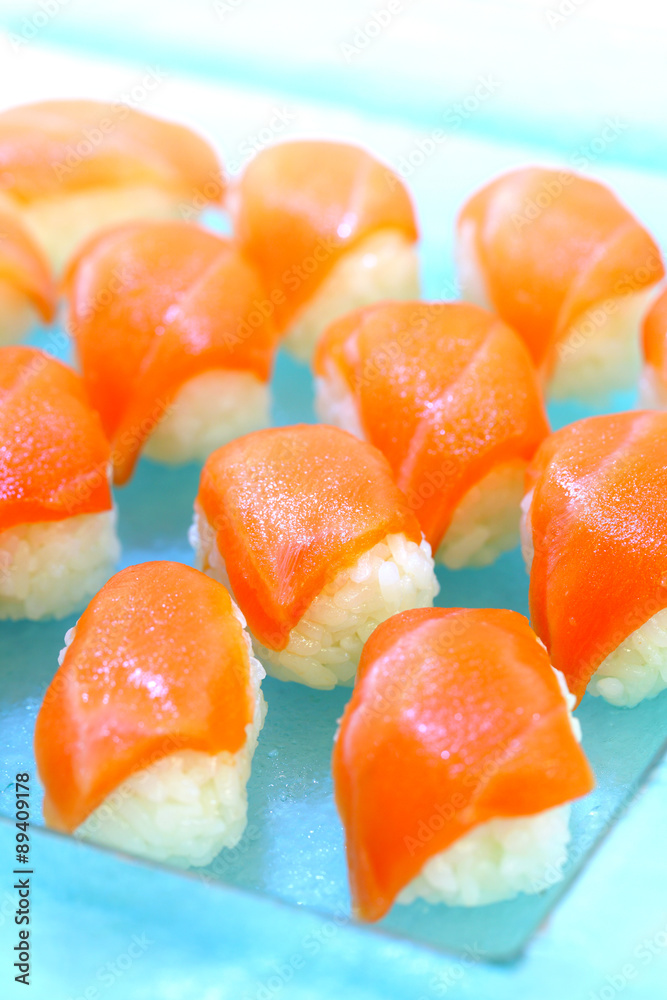 Raw salmon sushi, Healthy Japanese Nigiri Sushi with Rice and Fi