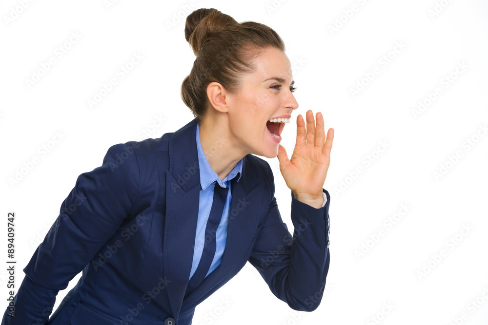 Happy businesswoman shouting and cupping hand to mouth Happy businesswoman shouting and cupping hand to mouth
