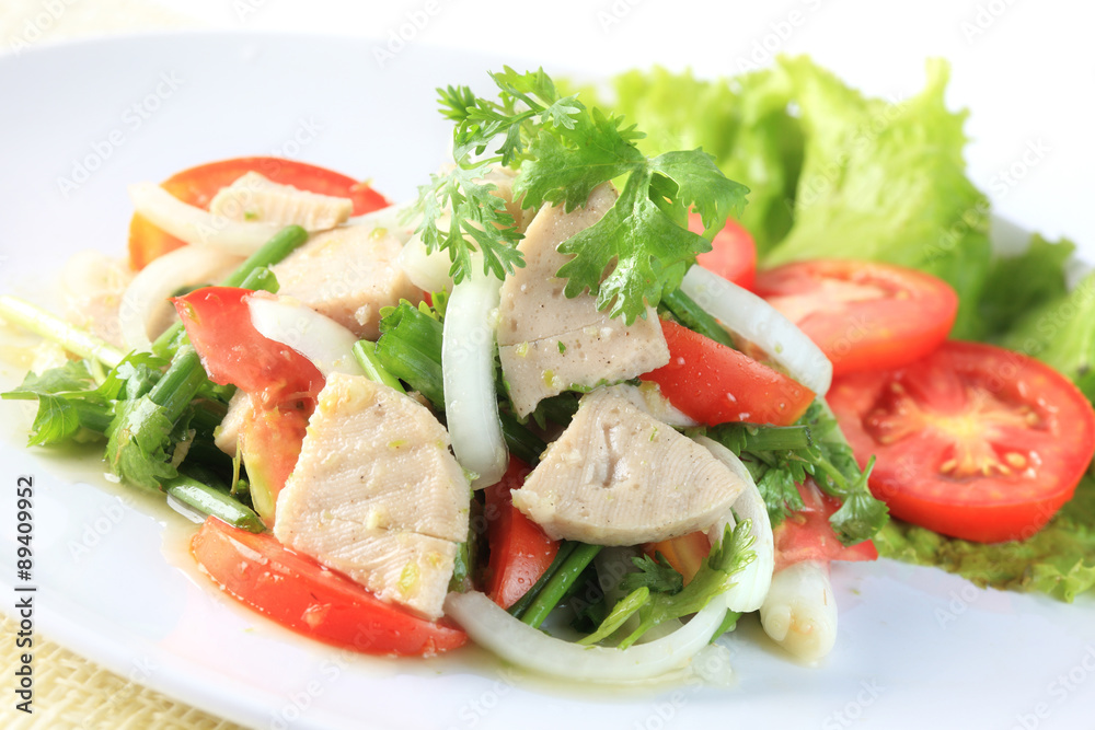 Spicy salad of white pork sausage, Popular Thai food Spicy salad of white pork sausage, Popular Thai food
