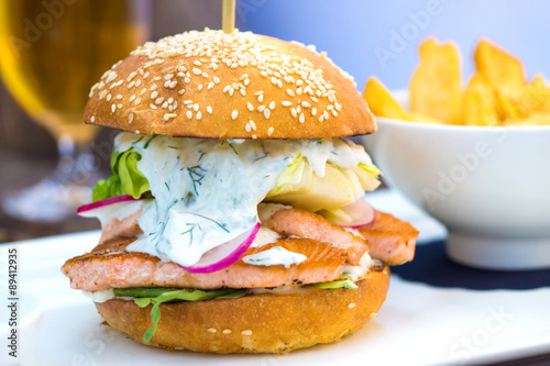 Tasty salmon fish burger