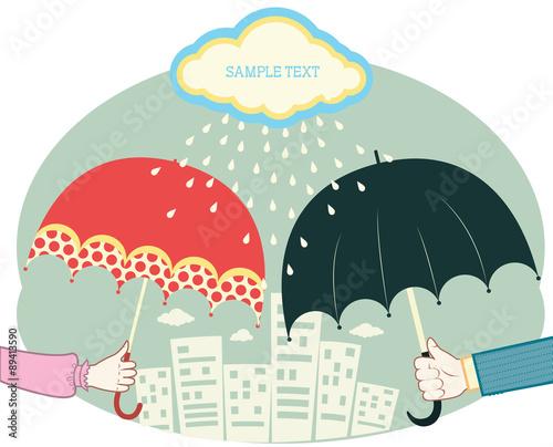Hands holding umbrellas in raining day.Vector retro colored imag