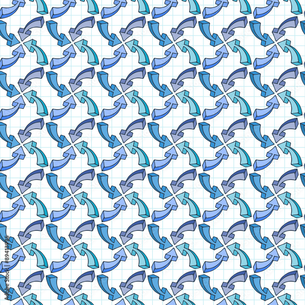 Vector seamless pattern of multi-colored volume arrows on checkered paper