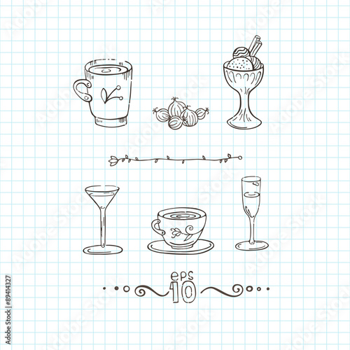 Set of vector cups, mugs and glasses with a handful of figs. Doodle