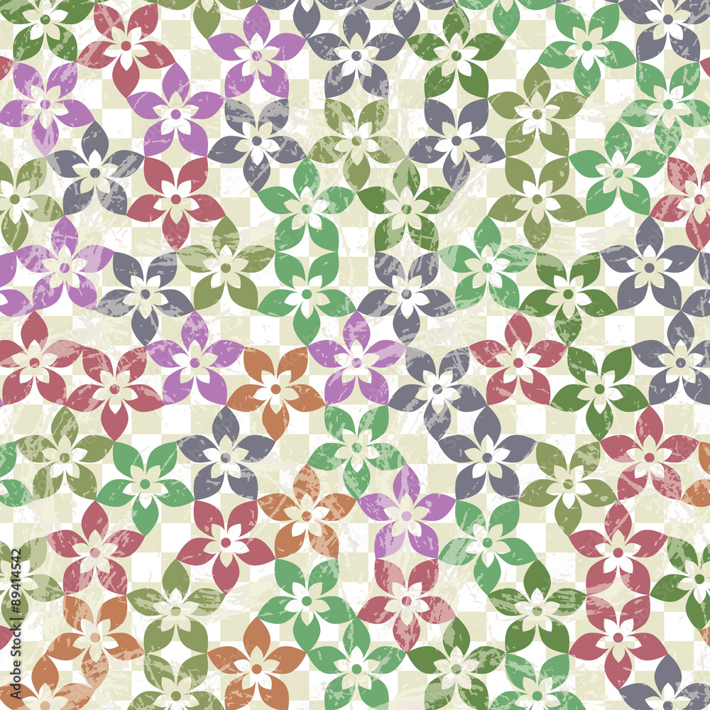 Vector pattern of flowers on a checkered paper