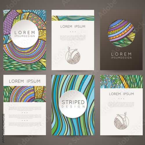 Set of vector design templates. Brochures in random colorful style. Vintage frames and backgrounds.