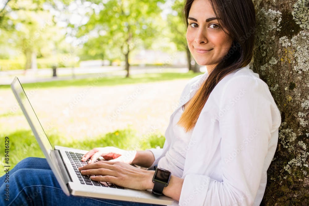 Beautiful brunette using laptop in the park Beautiful brunette using laptop in the park