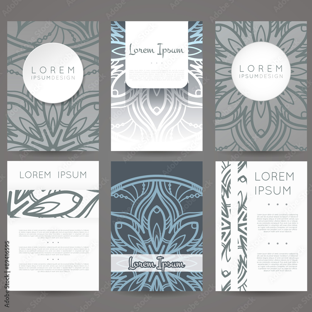 Set of vector design templates. Brochures in random colorful style. Vintage frames and backgrounds. Flower, mandala design. Set of vector design templates. Brochures in random colorful style. Vintage frames and backgrounds. Flower, mandala design.
