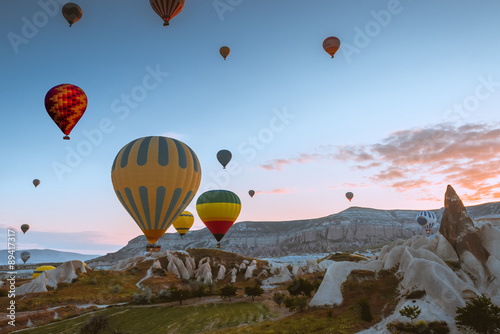 Hot air balloon flying over Cappadocia, Turkey