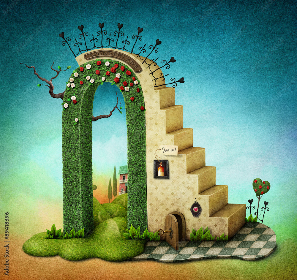 Illustration or poster with  stairs and green arch with fabulous items - obrazy, fototapety, plakaty 