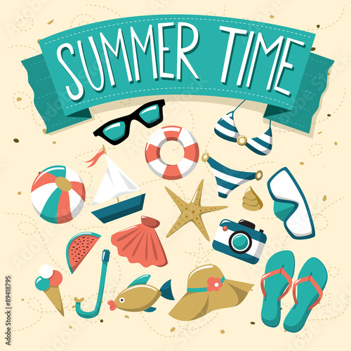 Summer time. Vector illustration of summer icons on the beach background.
