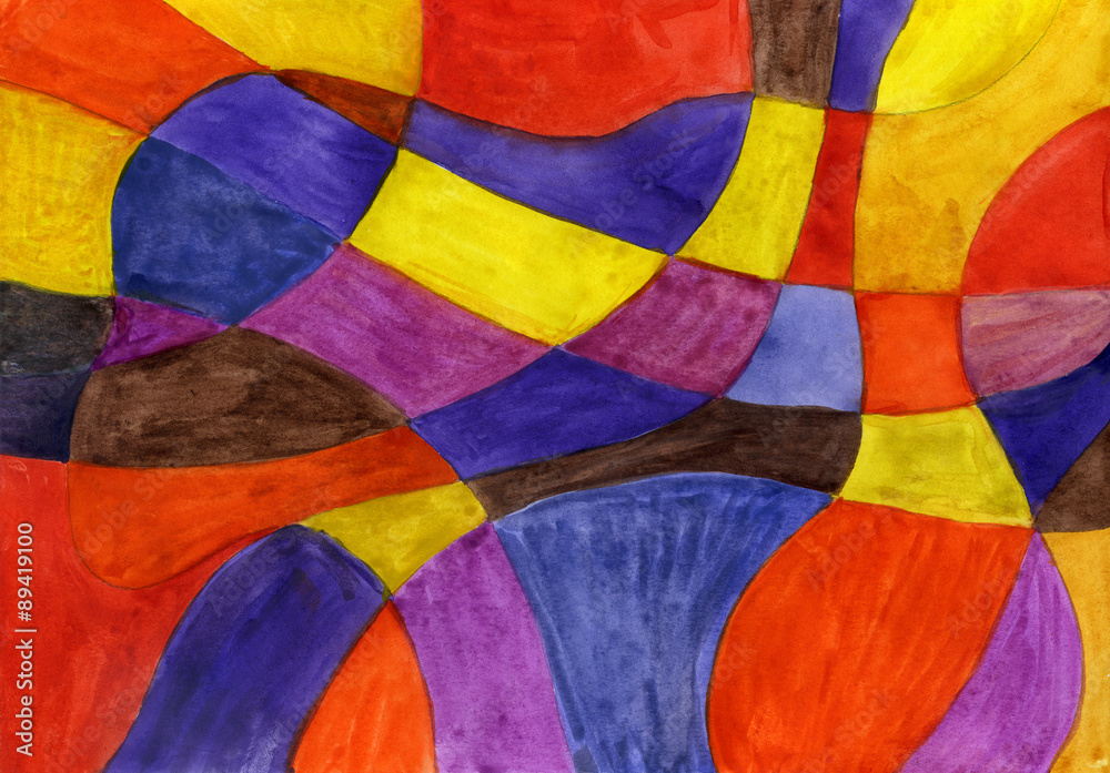 Abstract watercolor lines and shapes painting. Vibrant colors. - obrazy, fototapety, plakaty 
