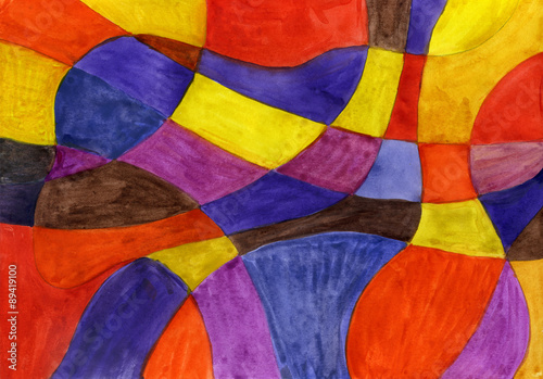 Abstract watercolor lines and shapes painting. Vibrant colors. photo