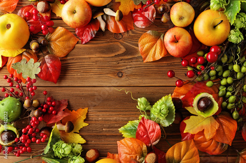 autumn background with leaves  apples and fruits