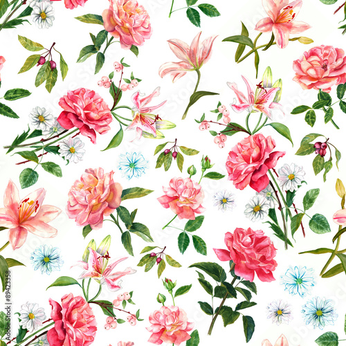 Vintage style watercolour rose seamless background pattern © laplateresca