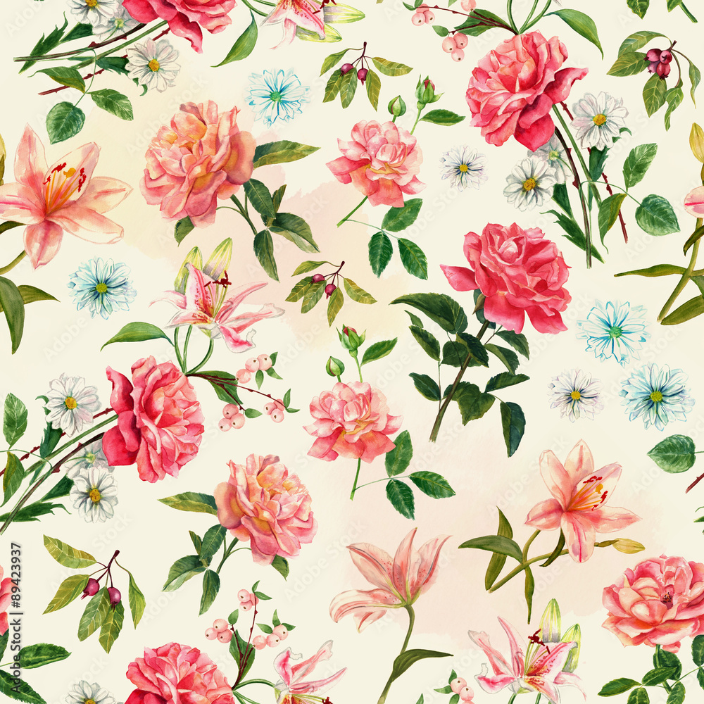 Vintage style watercolour rose seamless pattern