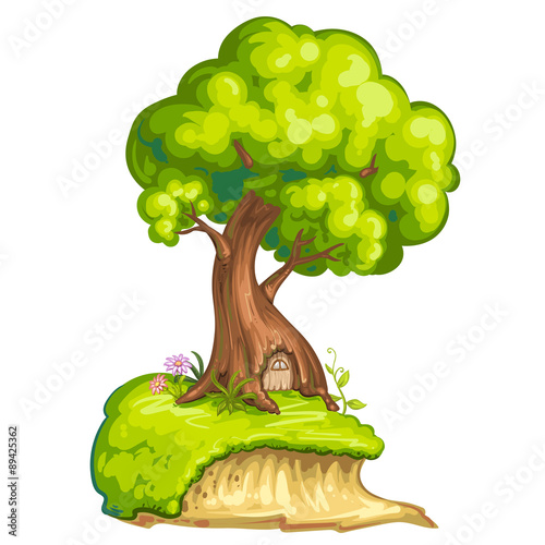 Illustration of a closeup tree with house for gnome