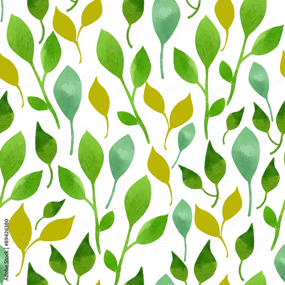 Stock Vector Illustration:
Seamless watercolor background of green leaves. Ornament with tea leaves. Vector pattern.