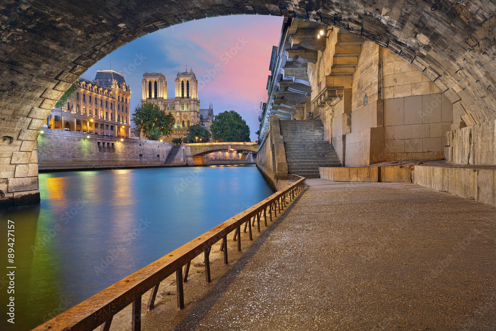 Paris. Image of the Notre-Dame Cathedral and riverside of Seine river in Paris, France. - obrazy, fototapety, plakaty 