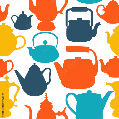 Vector Illustration with different shapes of teapots on white ba