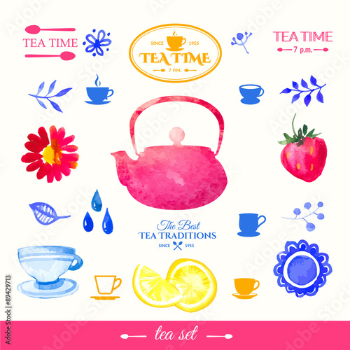 Vector beautiful illustration with teapots, logo & decorative el