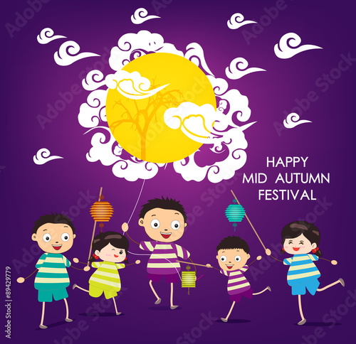Mid Autumn Festival background with happy kids playing lanterns